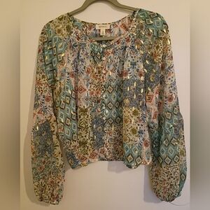 Tamara H Women's Floral-Aztec  Patterned Blouse with Blue and Green Accents Sz L